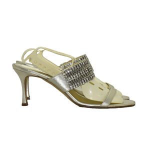 C6 Auth MANOLO BLAHNIK Platinum Gold Leather Jeweled Strap Sandal Shoes Size 42